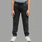 Boys' Charcoal Black Relaxed Fit Cargo Jogger Jeans, काला, small image number null