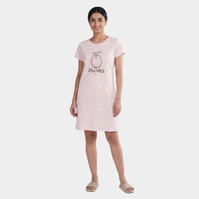 Women's Pink Cotton Round Neck Casual Nighty