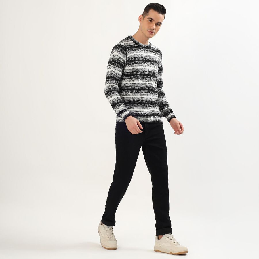 Men's Black and White Crew Neck Casual Pullover, काला, large image number null