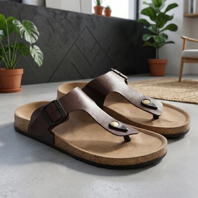 Men's Tan Buckle Strap Thong Sandals