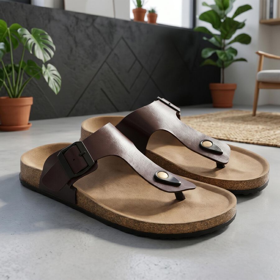 Men's Tan Buckle Strap Thong Sandals, टैन, large