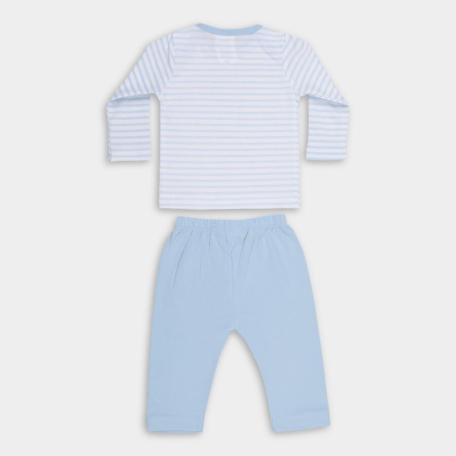 Infants' Light Blue Cotton Boat Neck Striped Baba Suit, Light Blue, large image number null