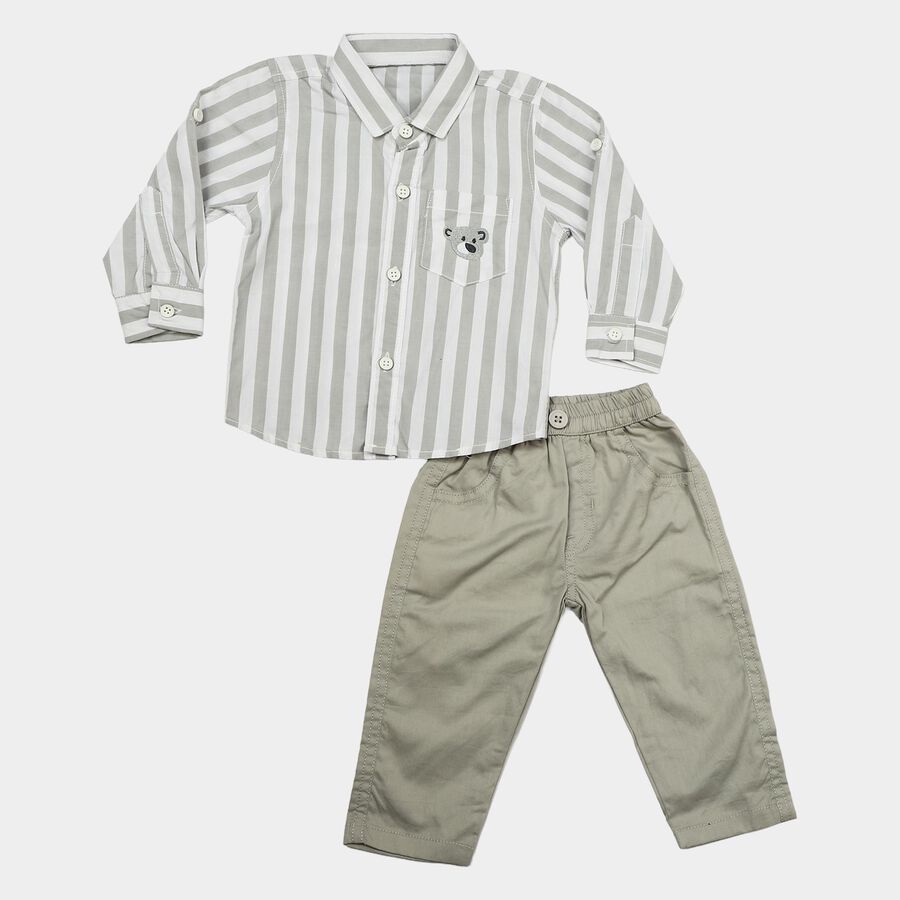 Infants' Grey 100% Cotton Collar Neck Striped Baba Suit, Light Grey, large