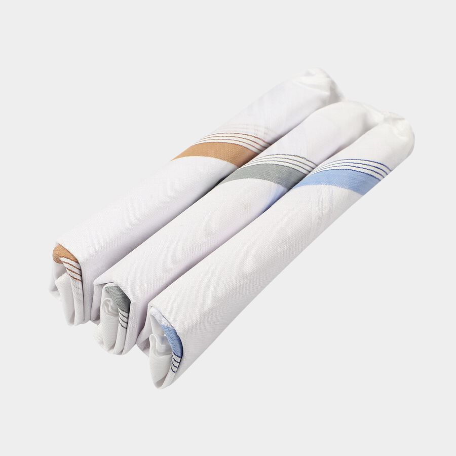 Men's White Striped Pack of 3 Handkerchief, White, large