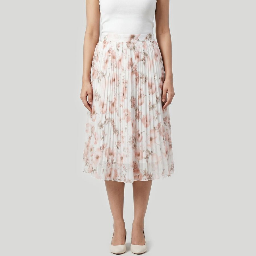 Women's Beige High-Waist Pleated Midi Skirt, Beige, large