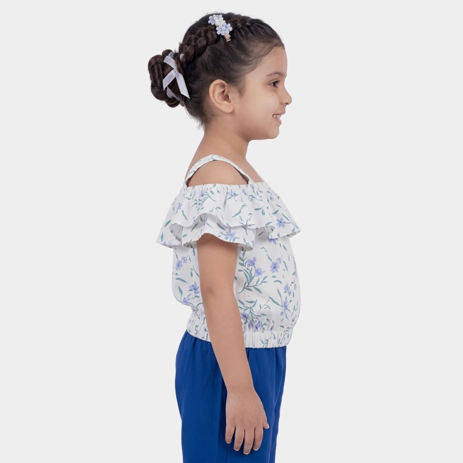 Girls White Off-Shoulder Floral Printed T-Shirt, White, large
