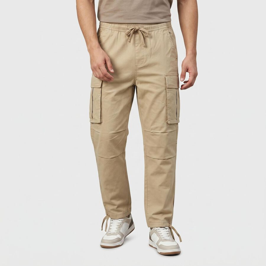 Men's Beige Slim Fit Cargo Trousers, Beige, large
