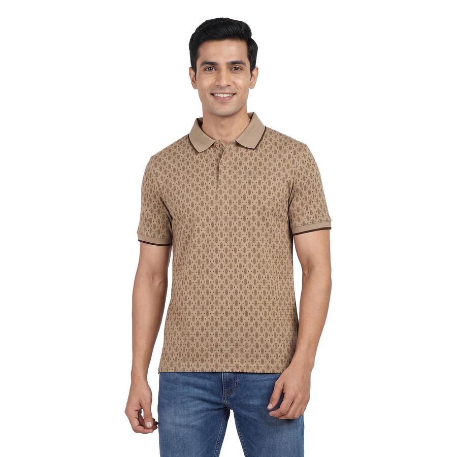 Men's Beige Cotton Polo Neck Classic T-Shirt, Beige, large