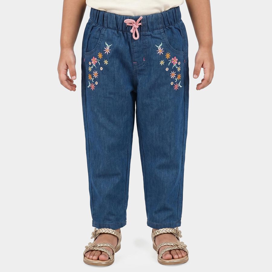Girls Blue Straight Fit Embroidered Jeans, Mid Blue, large