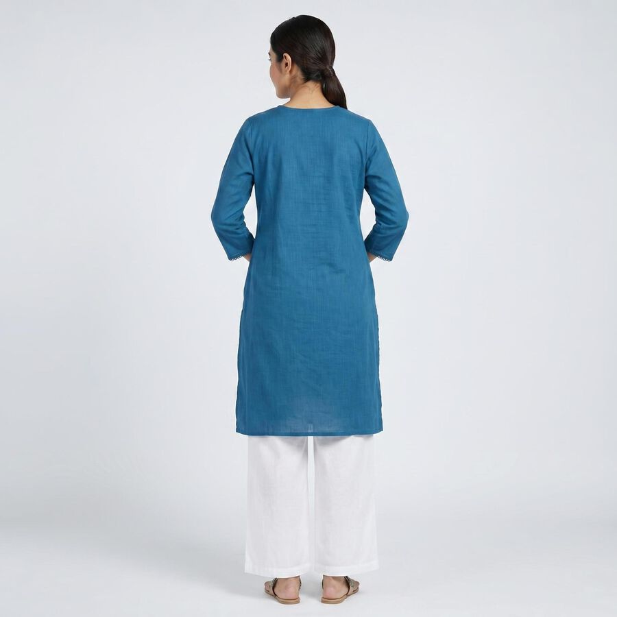 Women's Blue Cotton V-Neck Embroidered Kurta, गहरा नीला, large