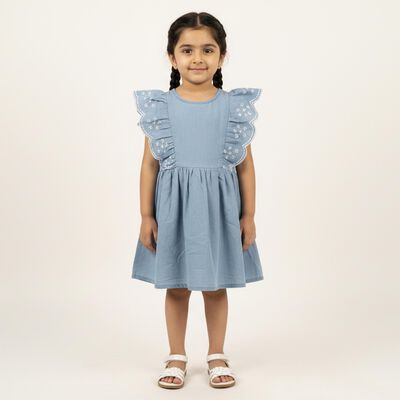Girls' Light Blue Embroidered Sleeveless Flared Frock
