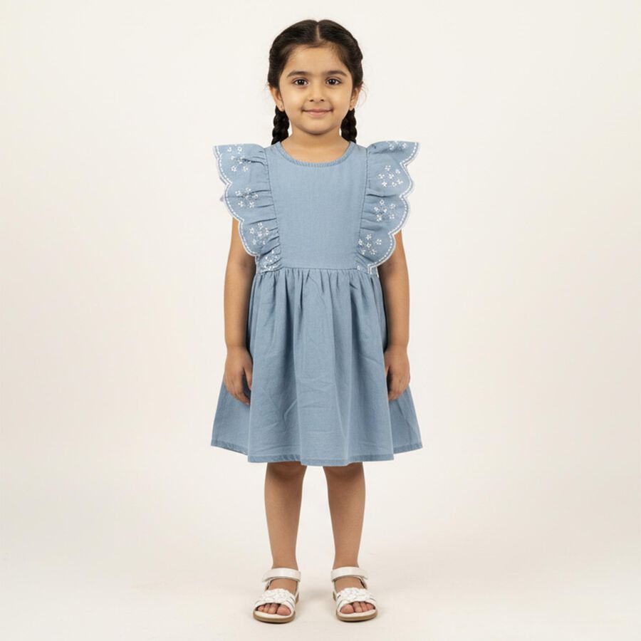 Girls' Light Blue Embroidered Sleeveless Flared Frock, Light Blue, large image number null
