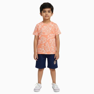 Boys' Coral Cotton Round Neck Tropical Printed Baba Suit