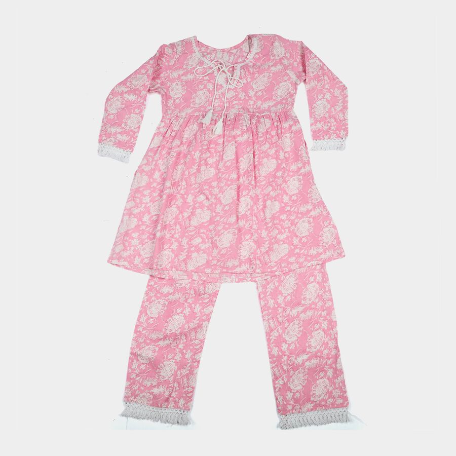 Girls Pink Round Neck Fusion Set Upper and Bottom Set, Light Pink, large