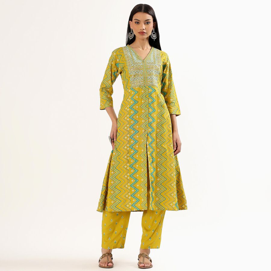 Women's Bright Mustard Yellow Embroidered Chevron Ethnic Set, Light Green, large