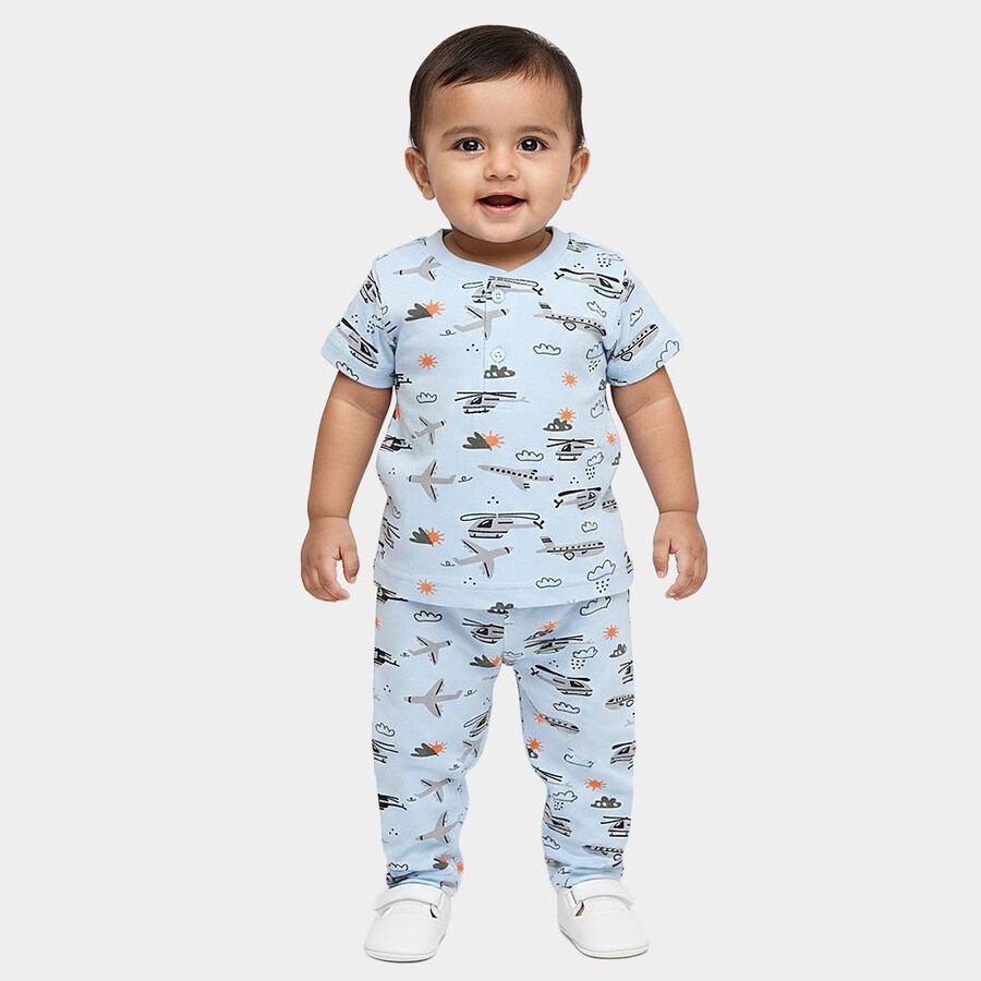 Infant's Pale Powder Blue Cotton Round Neck Airplane Print Night Suit, Light Blue, large