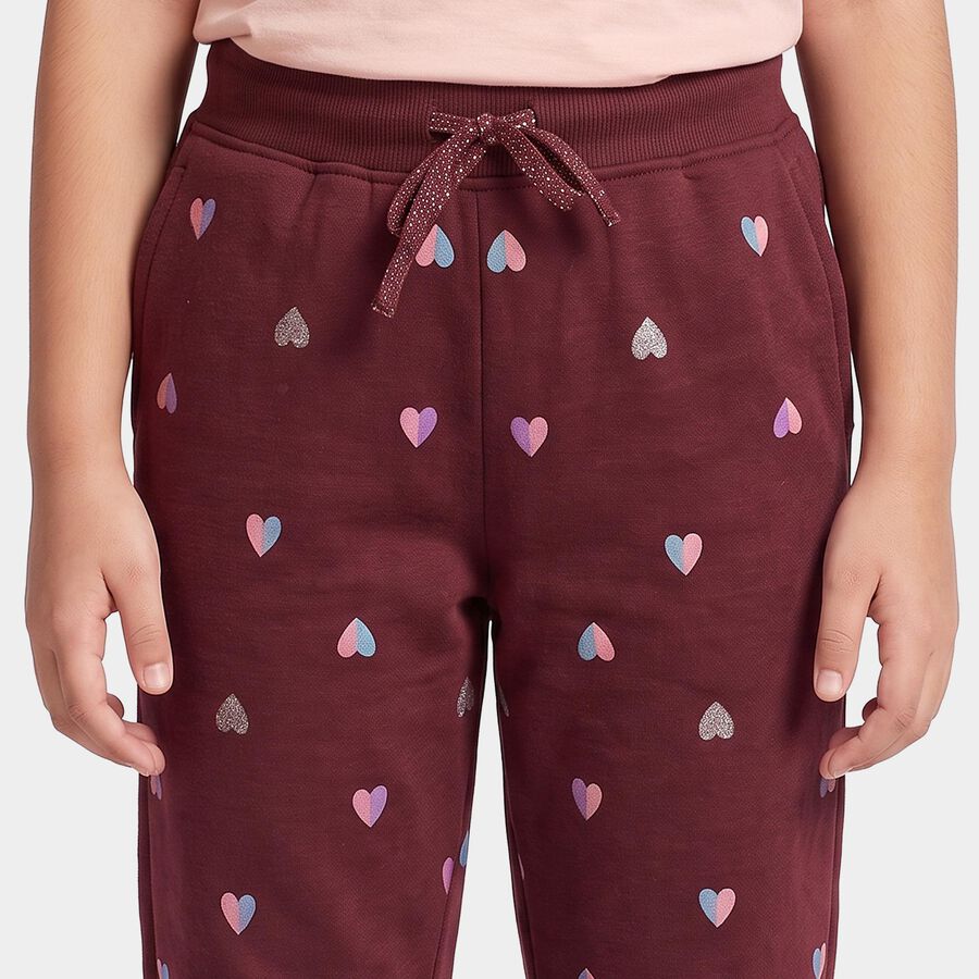 Girls' Maroon Regular Fit Heart Jogger Pyjama, वाइन, large