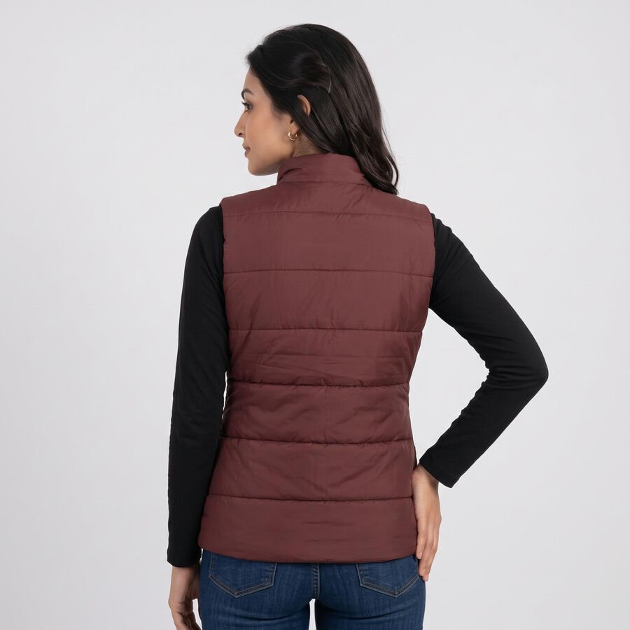 Women's Maroon Stand Collar Puffer Jacket, Wine, large