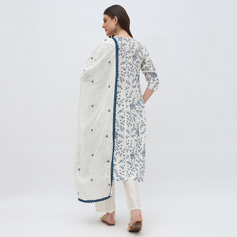 Women's Ivory White Round Neck Embroidered Kurta, Mid Blue, large image number null