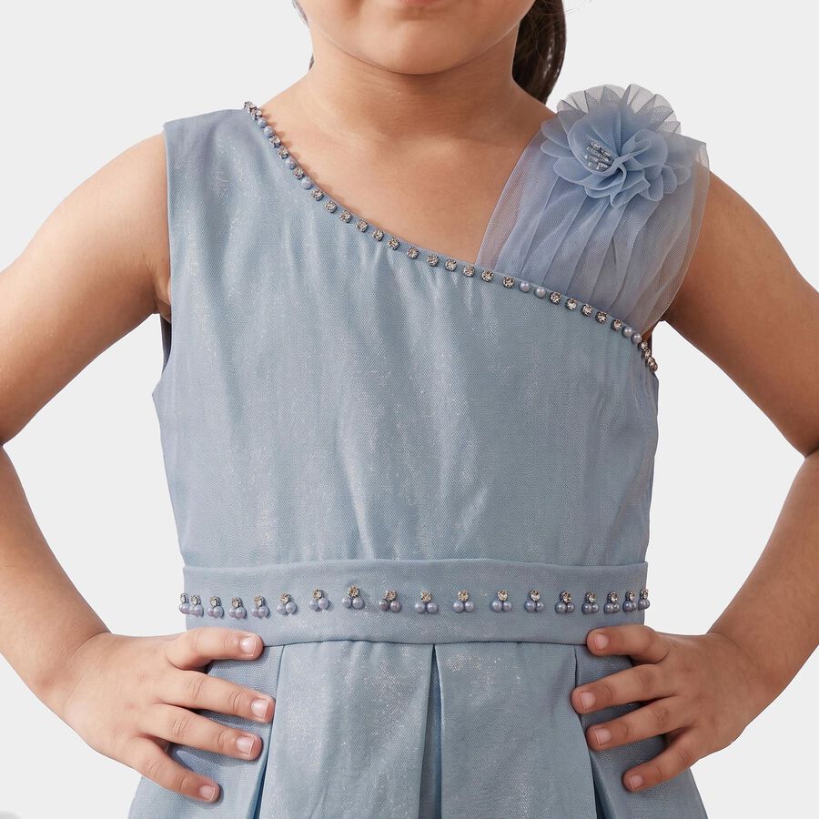 Girls' Light Blue Fit and Flare One Shoulder Embellished Frock, हल्का नीला, large