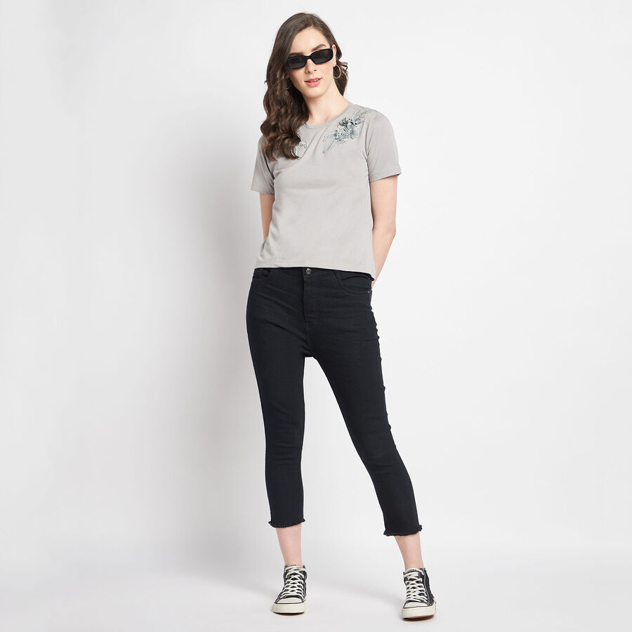 Embellished Round Neck T-Shirt, Dark Grey, large image number null