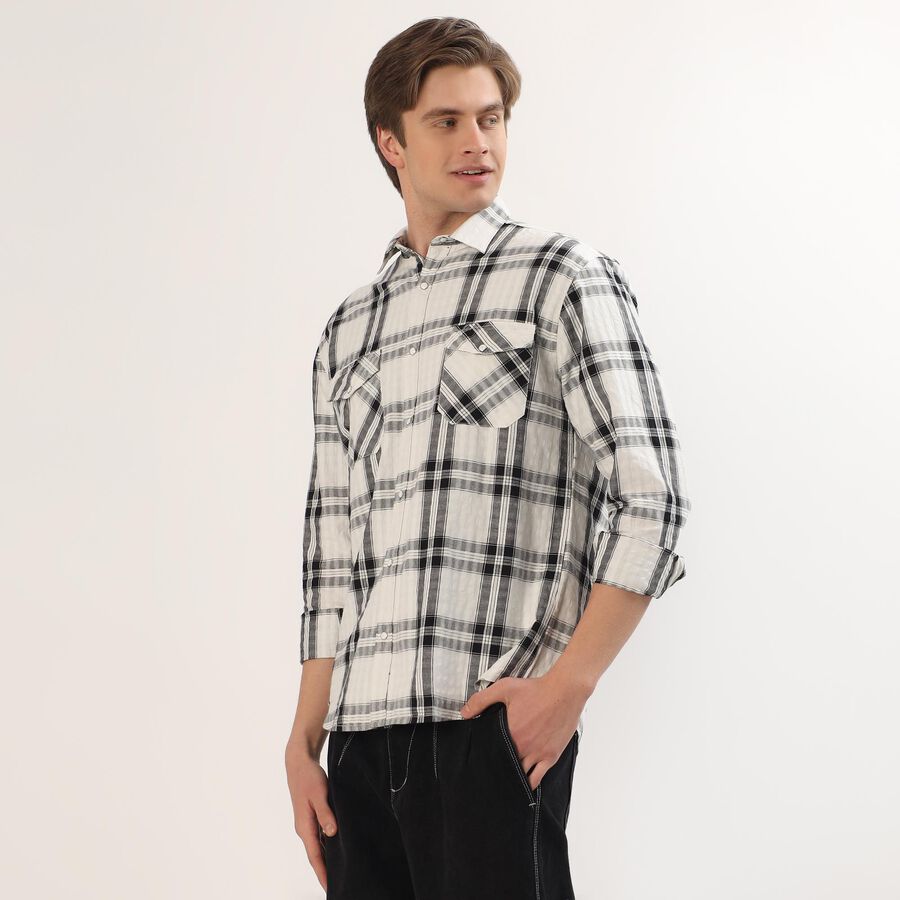 Men's Black and White Cotton Checkered Spread Collar Casual Shirt, Charcoal, large image number null