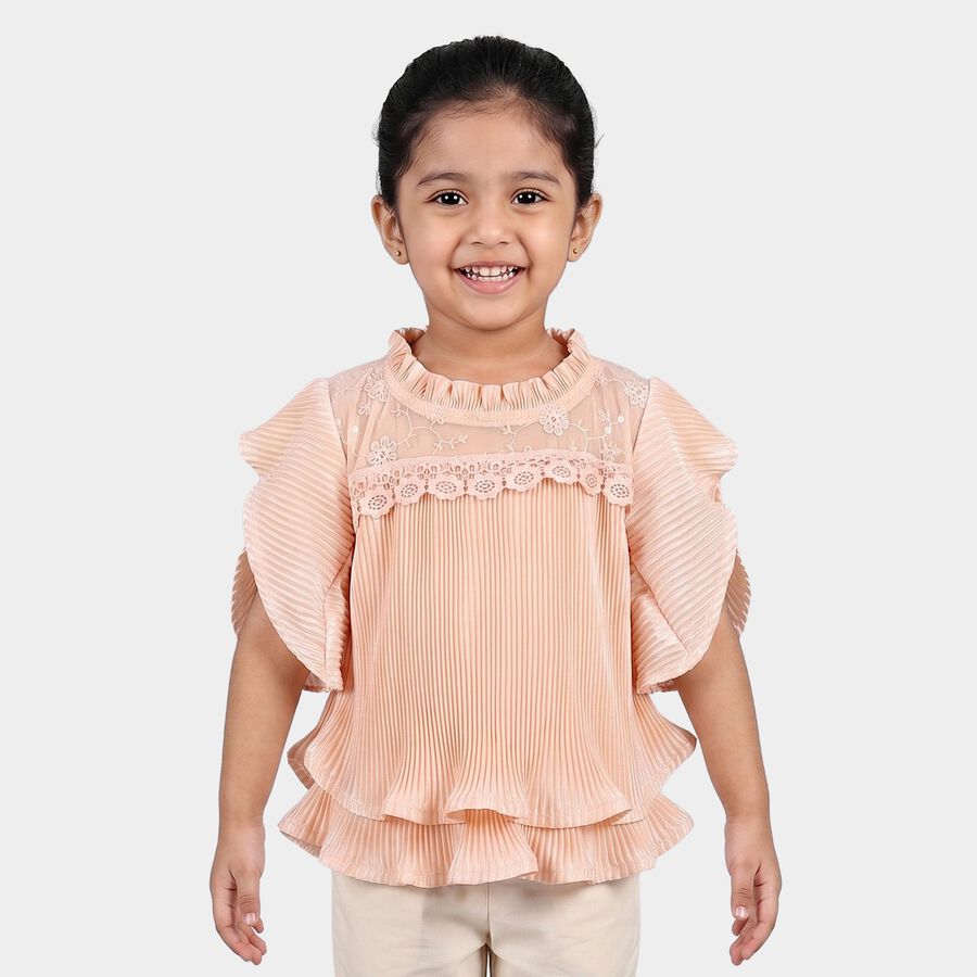 Girls Peach Round Neck Regular T-Shirt, Peach, large