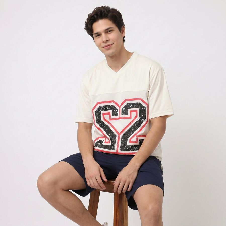 Men's Grey V-Neck Regular T-Shirt, Ecru Melange, large