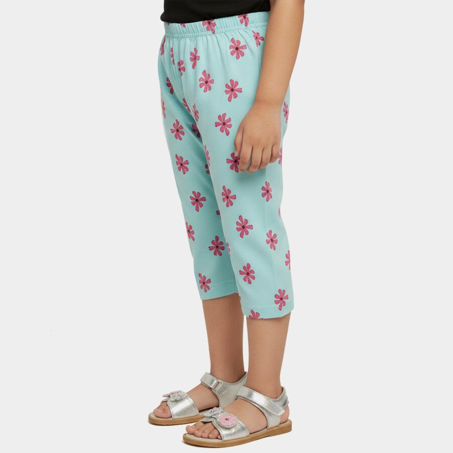 Girls' Teal Printed Regular Fit Cotton Blend Capri, Aqua, large