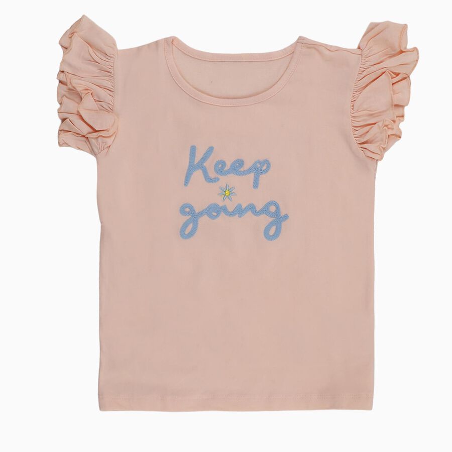 Girls' Light Pink Cotton Round Neck Ruffle Sleeve Graphic T-Shirt, Light Pink, large image number null