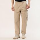 Men's Beige Slim Fit Flat-Front Casual Trousers, Beige, small