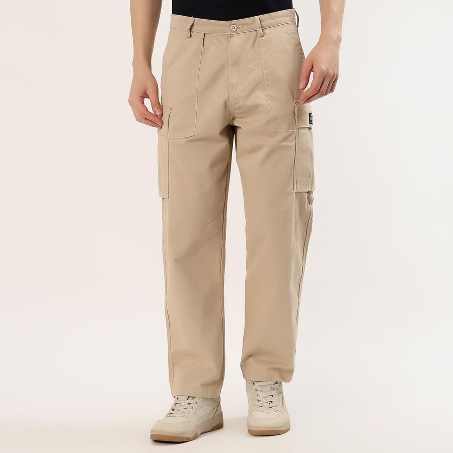 Men's Beige Slim Fit Flat-Front Casual Trousers, Beige, large