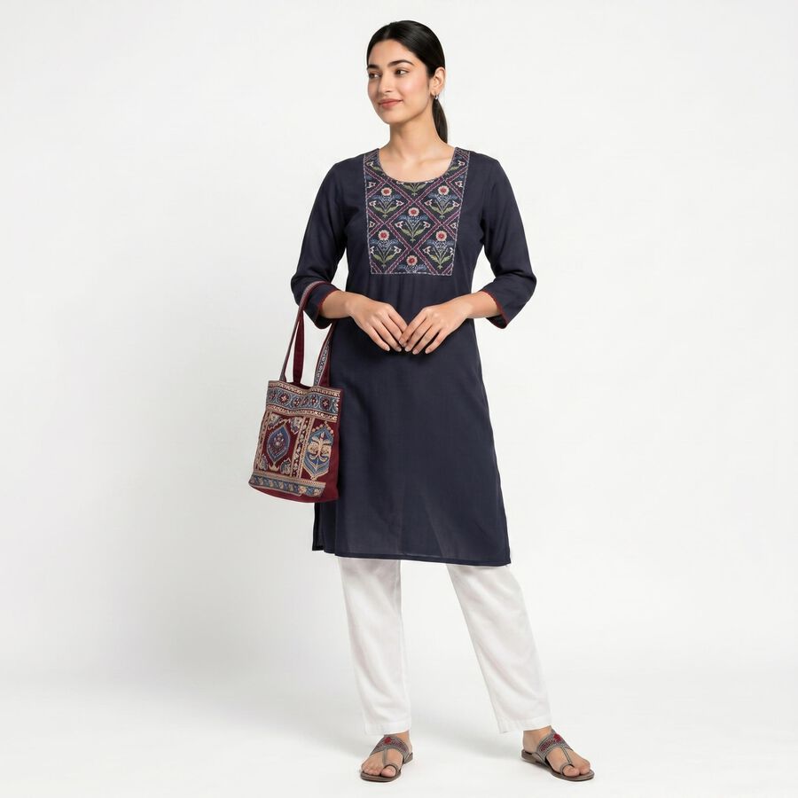 Women's Navy Blue Straight Solid Kurta, Navy Blue, large