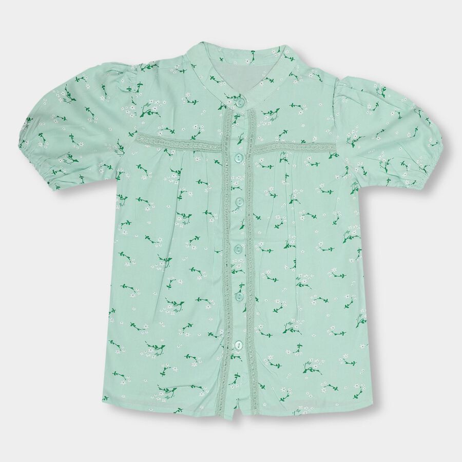 Girls' Mint Green Button-Up Puff Sleeve Blouse, Light Green, large image number null