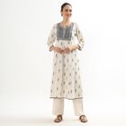 Women's Eggshell White Embroidered Notch Neck Flared Kurta, Off White, small image number null