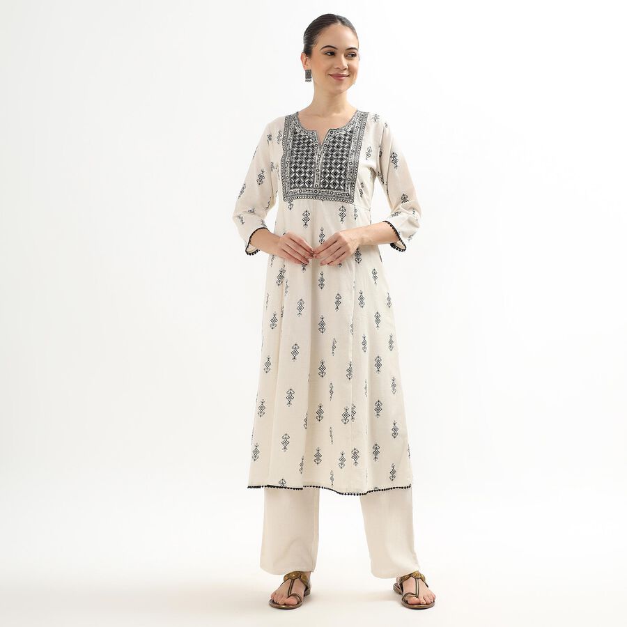 Women's Eggshell White Embroidered Notch Neck Flared Kurta, Off White, large image number null