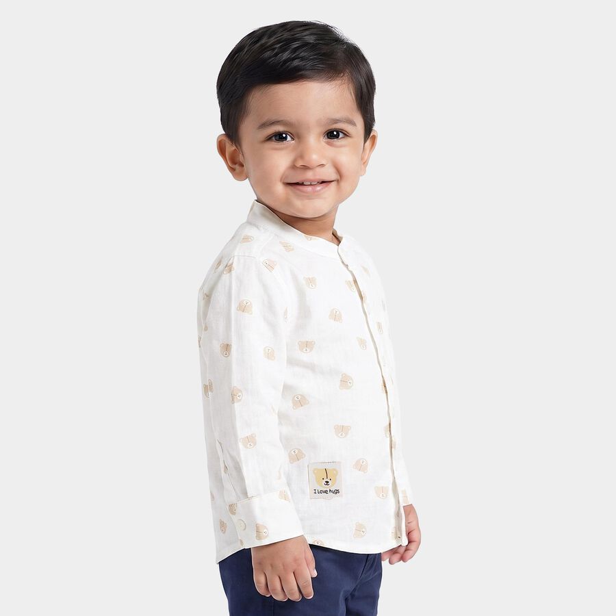 Infants Off White Cotton Long Sleeve Mandarin Collar Shirt, Off White, large
