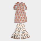Girls' Bright Multicolor Printed Notch Neckline Kurta and Palazzo Fusion Set, Off White, small image number null