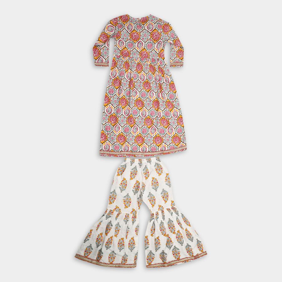 Girls' Bright Multicolor Printed Notch Neckline Kurta and Palazzo Fusion Set, Off White, large image number null