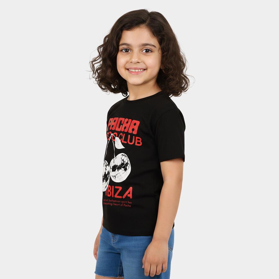 Girls Black Round Neck Regular Graphic Print T-Shirt, काला, large