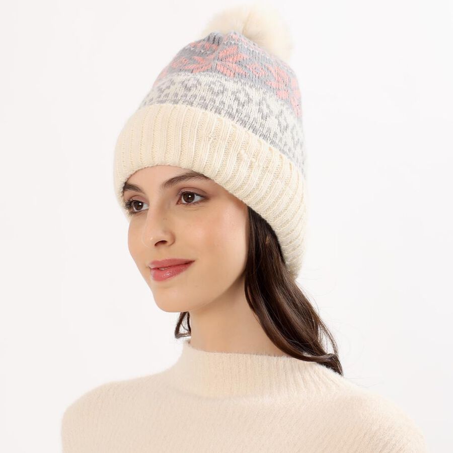 Women's Cream and Grey Snowflake Knitted Beanie Cap, Off White, large image number null