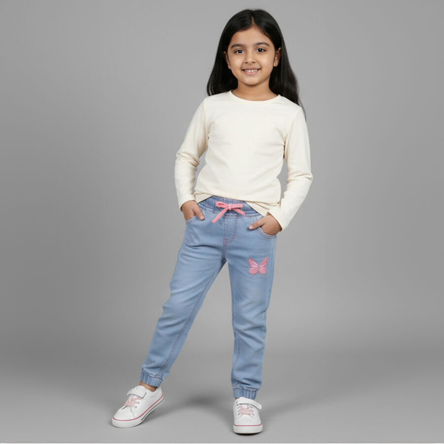 Girls' Mid Blue Elastic Waist Embroidered Jeans, Light Blue, large image number null