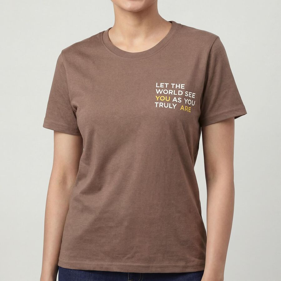 Women's Brown Round Neck Casual T-Shirt, Brown, large