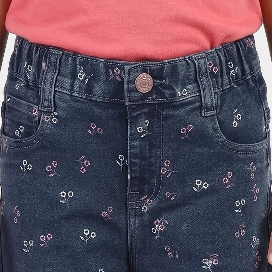 Girls' Navy Blue Straight Fit Printed Jeans, मध्यम नीला, large