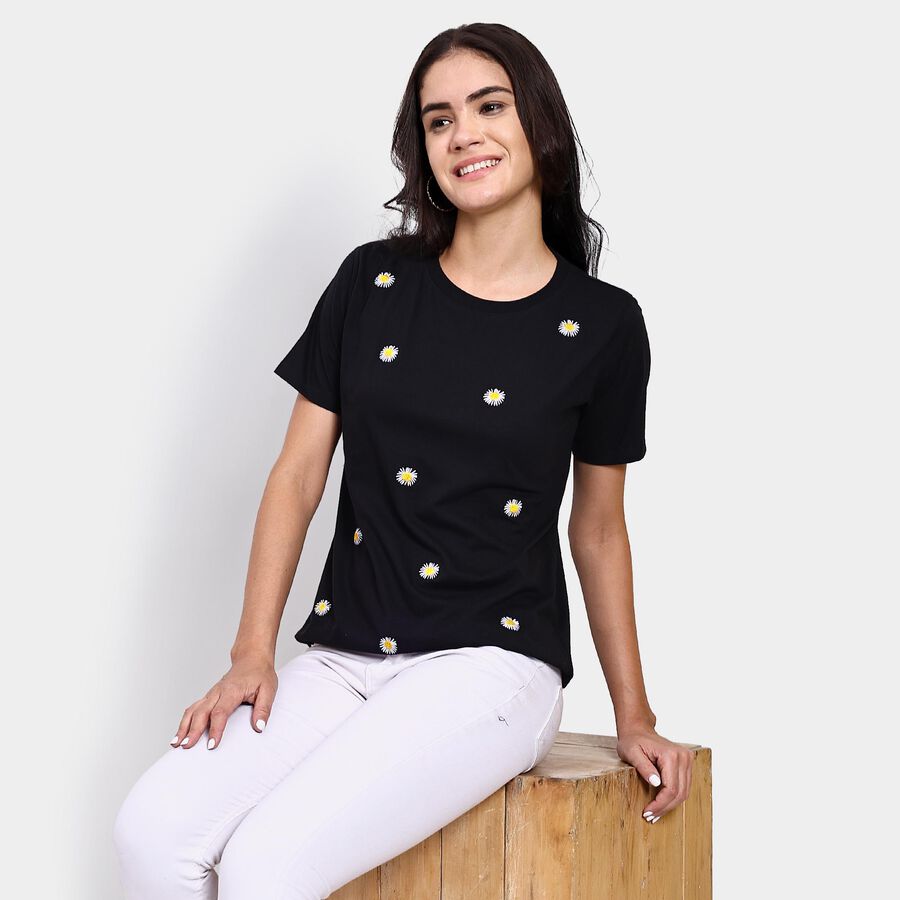 Ladies' Round Neck T-Shirt , काला, large image number null
