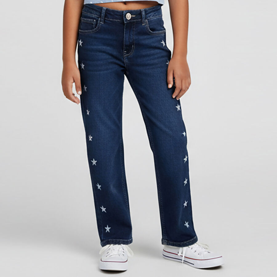 Girls' Dark Indigo Blue Straight Fit Star Print Jeans, Mid Blue, large image number null