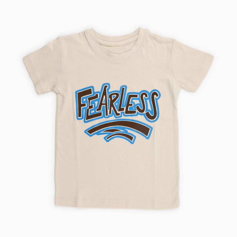 Boys Soft Beige Cotton Crew Neck Casual T-Shirt, Off White, large