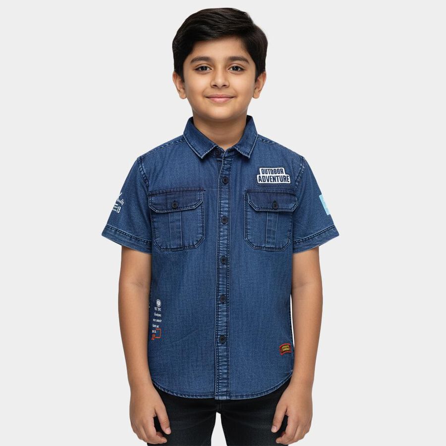 Boys' Navy Blue Classic Collar Casual Shirt, Mid Blue, large