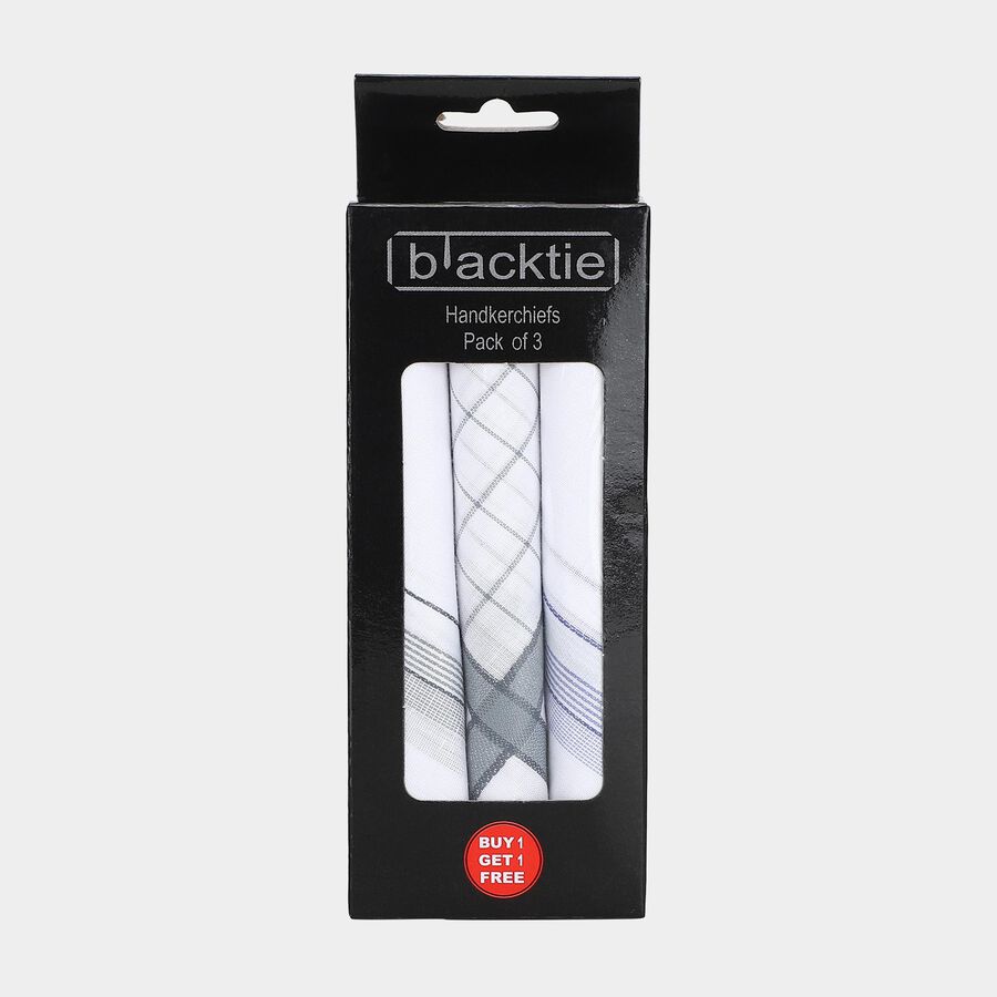 Men's White Striped and Checked Pack of 3 Handkerchief, हल्का ग्रे, large