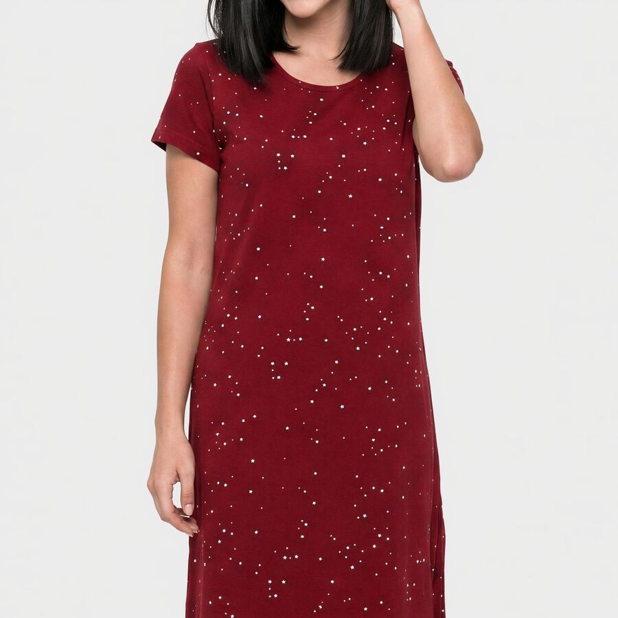 Women's Wine Cotton Round Neck T-Shirt Style Nighty, Wine, large